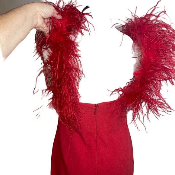 Rebecca Vallance Womens Dress Size 12 Red Scarlett Feather Trim Mini V Neck - Picture 3 of 6